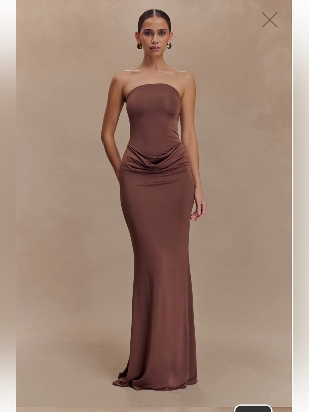 Meshki Madison Strapless Slinky Maxi Dress Chocolate